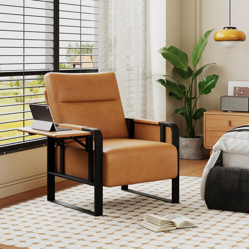 Whole Metal Frame Upholstered Accent Chair With Side Tray Table, Brown Faux Leather