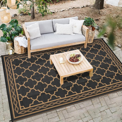 9x18 Ft Reversible Outdoor Rug, Waterproof Plastic Straw Patio Mat, UV Resistant Easy-Clean Foldable Camping RV Deck Porch Picnic Rug (Black/Brown)