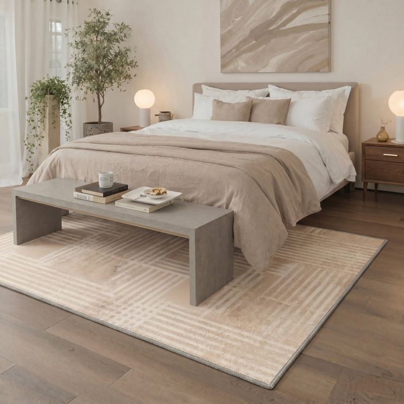 Gridline Geometric Machine Washable Beige Indoor Area Rug with Non-Slip Backing, Round 5'