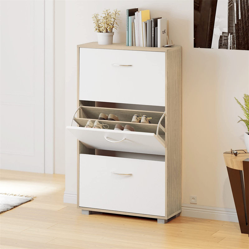 18 Pair Shoe Storage Cabinet, White/Beige