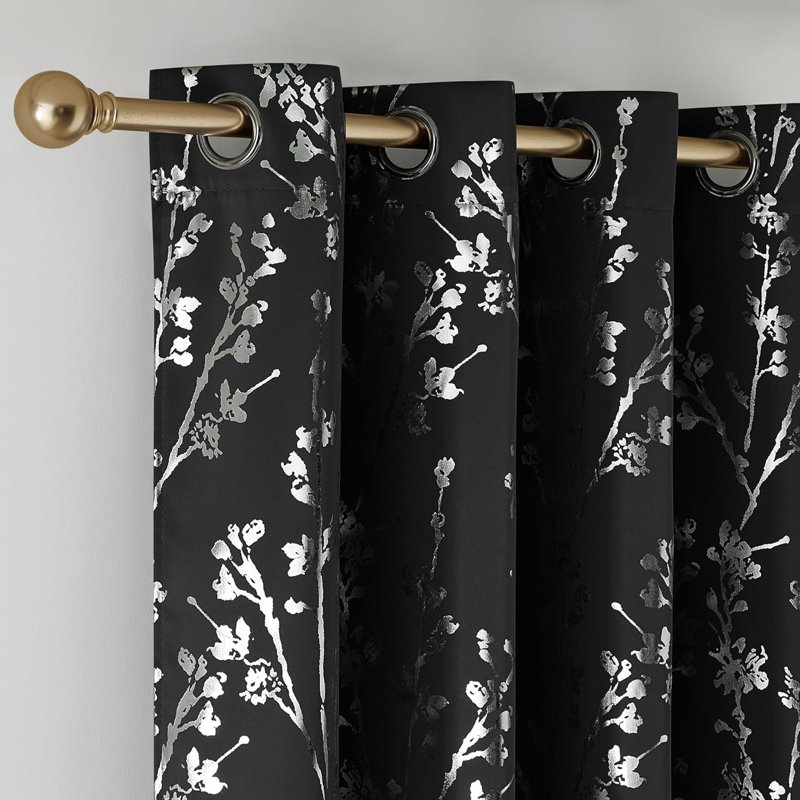 100% Blackout Curtains, Grommet Pattern Gold Foil Printed Window Treatments Room Darkening Drapes for Bedroom, 2 Panels