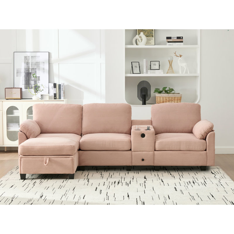 Sectional Sofa With Ottoman, Pink Corduroy
