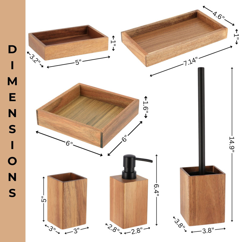 Acacia Wood and Black Metal 6-Piece Bathroom Accessory Set