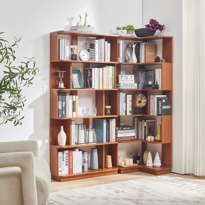 Ensemble de 2 bibliothèques à combinaison d'angle peu encombrantes 55 cm plus 80 cm de longueur couleur chêne foncé et 4 autres couleurs pour l'option