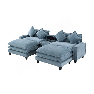 111" Sectional Sofa Chenille Upholstered Sofa with Two Removable Ottoman, Two USB Ports, Two Cup Holders and Large Storage Box for Living Room, Light Blue