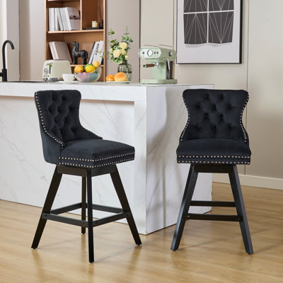 Rotation à 360 degrés avec revêtement en velours, boutons, pieds en bois, garniture cloutée, rembourrage en mousse souple et à ressorts en acier, dossier incurvé, noir, 2 chaises pour la salle à manger, coussin pivotant à 360 °,