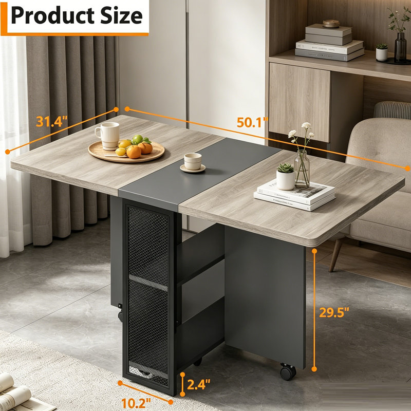 Table de salle à manger pliante de 50 po peu encombrante, table de salle à manger de style campagnard, table de cuisine à abattant avec tablette de rangement à 2 couches, table extensible à 6 roulettes pour les petits espaces, la cuisine et la salle à manger.