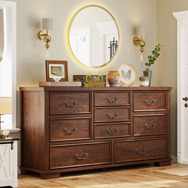Dresser For Bedroom With 9 Drawers, Antique Brown