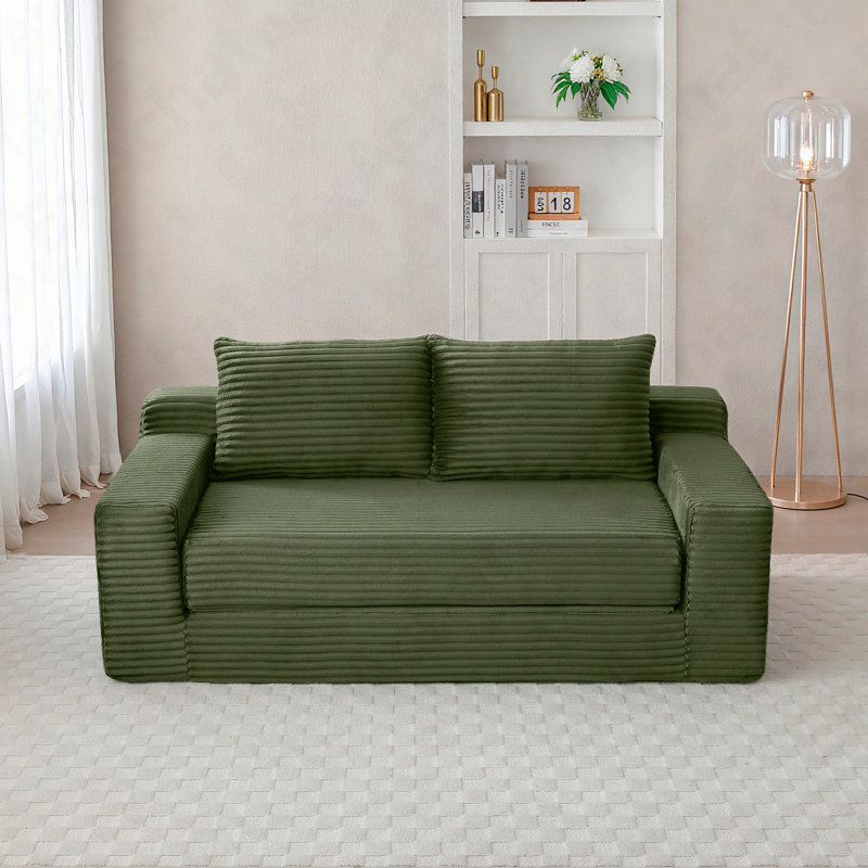 2-Seats Convertible Floor Sofa Bed With Storage Pocket, 3D Folding Mattress Sofa, Green, 32.53" H x 73.02" W x 35.12" D