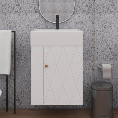 20 Inch Compact Bathroom Vanity, Ceramic Sink, Diamond-Patterned Door, Gold Handles, Side Shelves