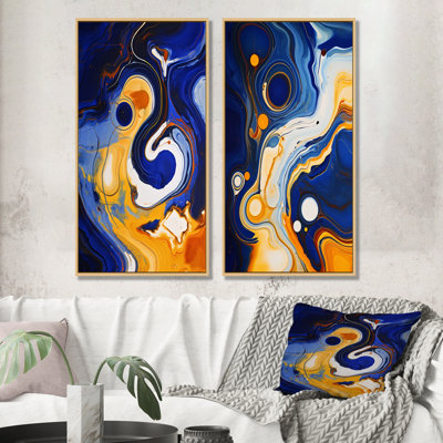 Encre liquide jaune et bleue, rivière I - ensemble de 2 impressions sur toile à encre liquide abstraite