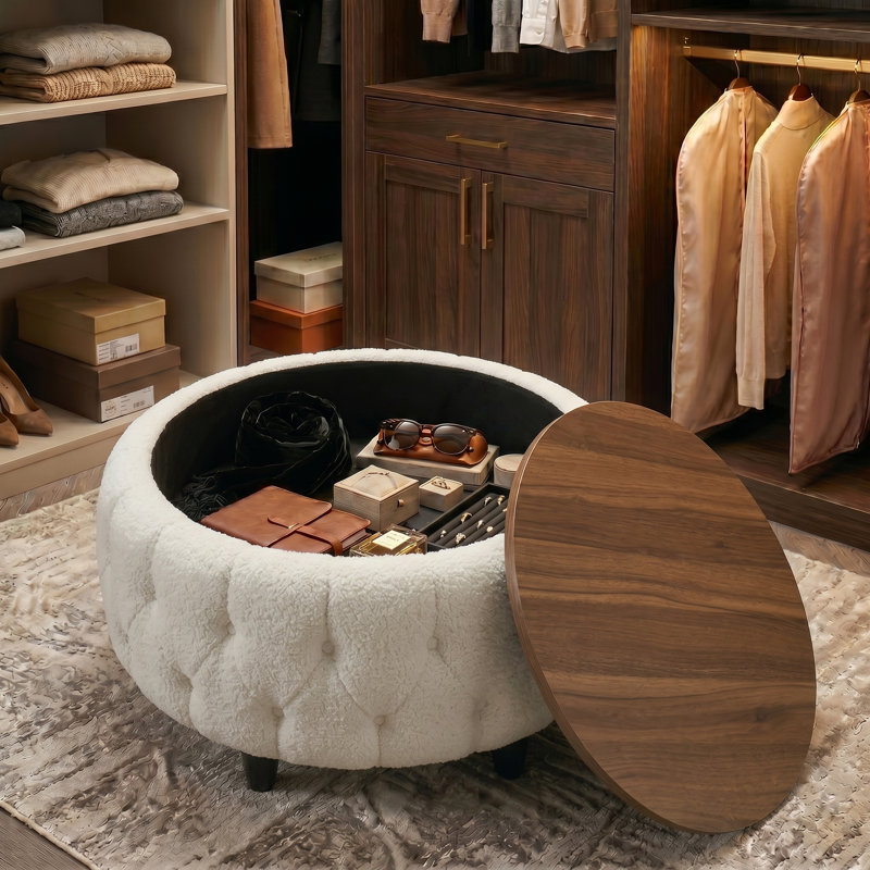 30.5 Inches Teddy Fleece Tufted Ottoman,Large Round Storage  Coffee Table with Wooden Tabletop,White, White