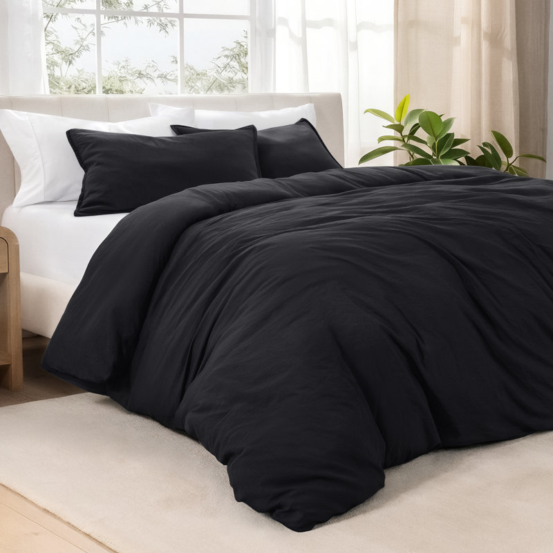 Duvet Cover, Oversized King Duvet Cover + 2 King Shams, Sandwash Black