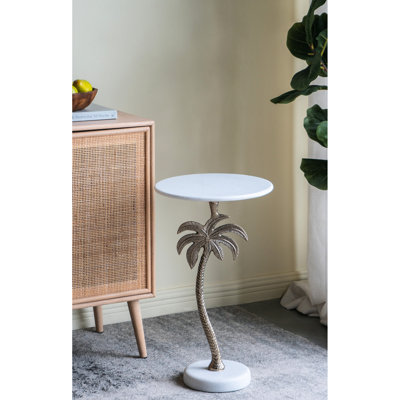 Table d'appoint ronde Gold Tree Design 14x14x24 pouces avec dessus en marbre blanc, idéale comme table de chevet, pied central, 8,4 kg, assemblage requis.