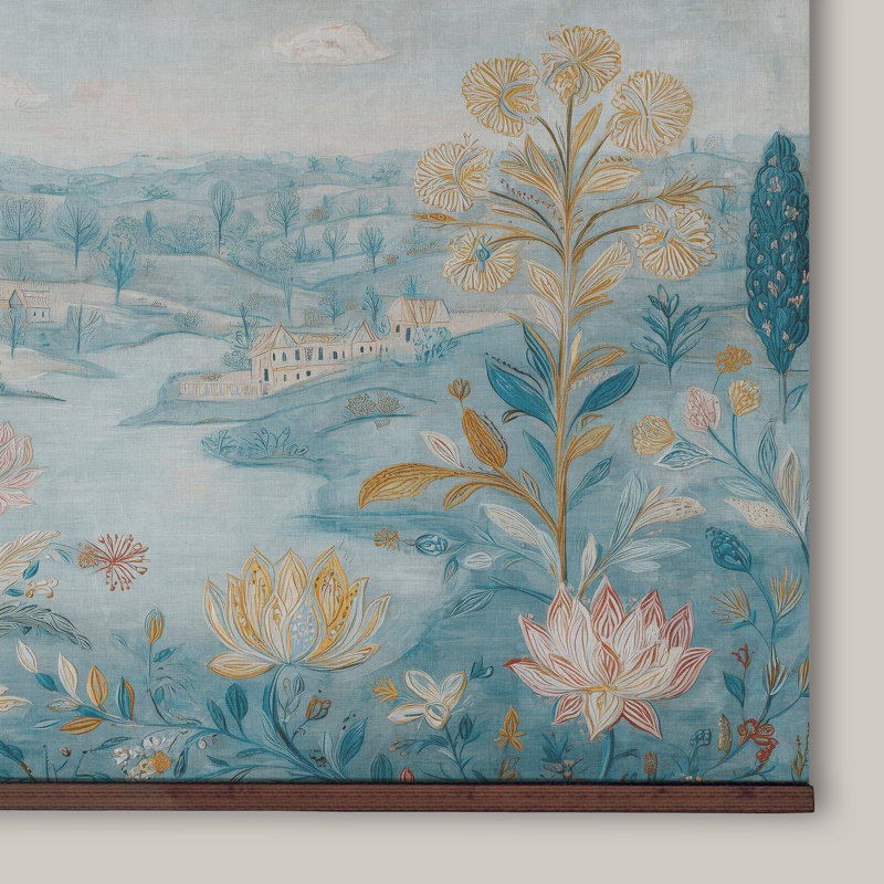 Toile suspendue «Countryside Meadow» - Illustration botanique rétro avec crochets en bois, H 45 po x l 73 po