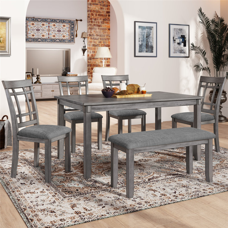 Ensemble de table de salle à manger 6 pièces en bois, ensemble de table de cuisine avec 4 chaises et banc, style rustique campagnard
