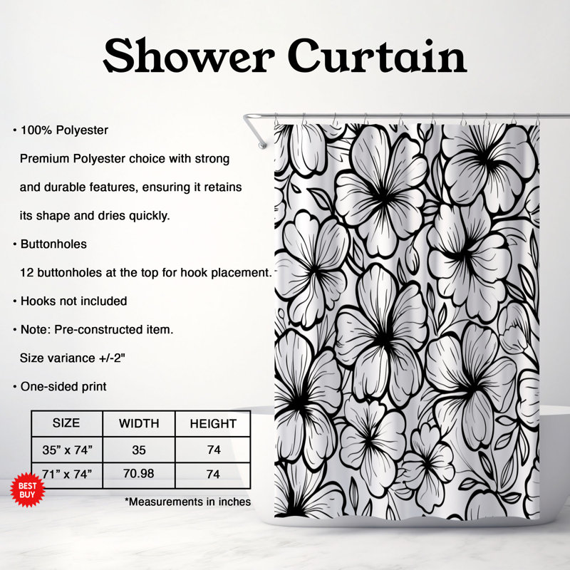Line Art Botanical Prints - Rideau de douche standard 1 pièce, H 74 po x l 71 po