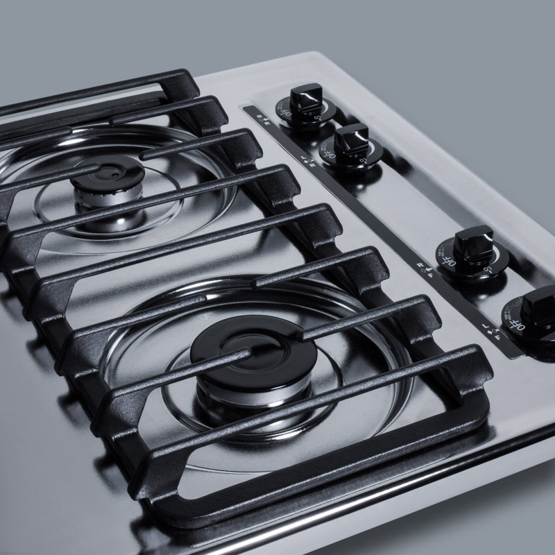 24" Chrome Gas Cooktop with 4 Sealed Burners and Cast Iron Grates