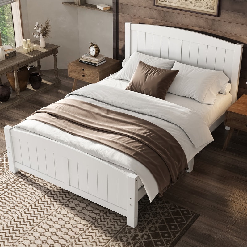 Full Size Solid Wood Platform Bed With Support Slats, Strong Structure, No Box Spring Needed, White Finish, Light White, Full