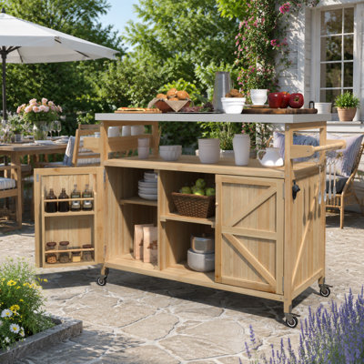 Outdoor Rolling Kitchen Prep Cart with Stainless Steel Countertop, Wooden Storage Cabinet, Spice Drawer & Lockable Casters, Outdoor BBQ Grill Station for Patio Backyard
