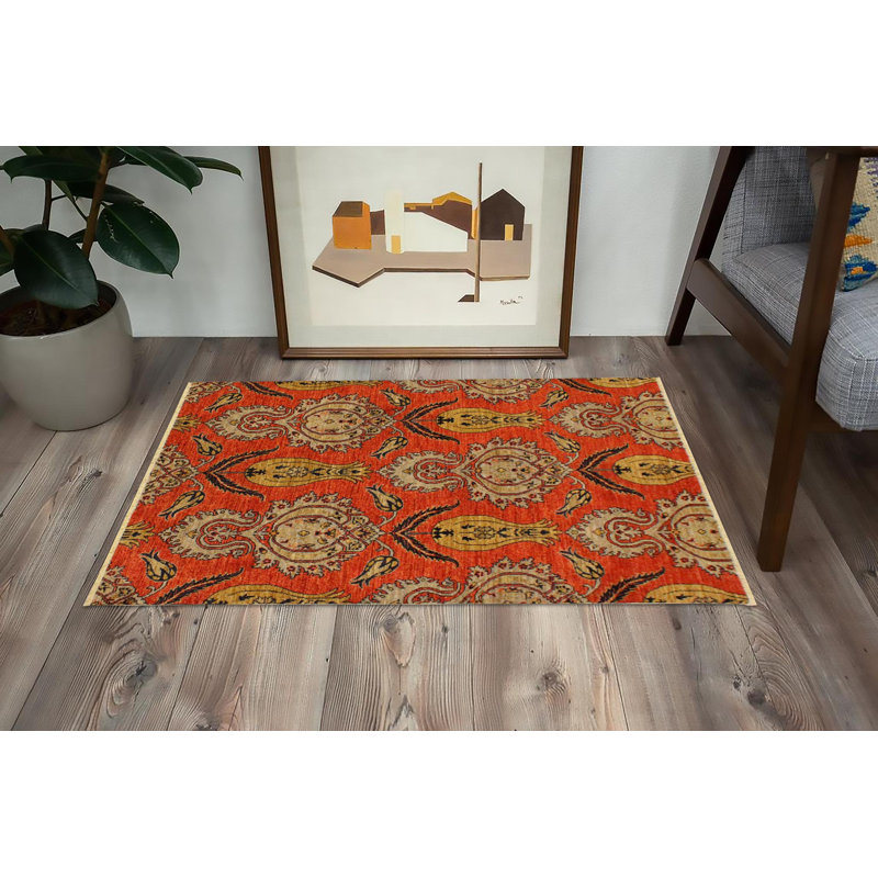 Tapis rouge / brun / noir en laine noué à la main 4 pi x 5 pi 9 po Damask