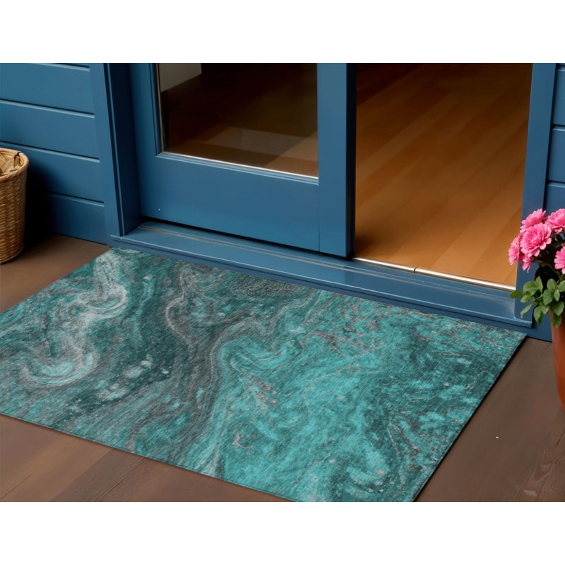 3' X 5' Teal Blue Aqua And Gray Abstract Washable Indoor Outdoor Area Rug