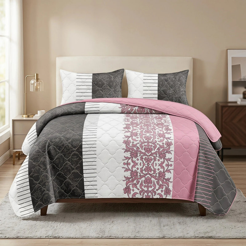 Ensemble de couvre-lit réversible 3 pièces en microfibre gris anthracite et rose rosé avec 2 taies décoratives