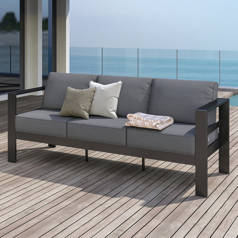 Canapé d'extérieur en aluminium de 76 po de largeur avec coussins, Beige, Gris foncé