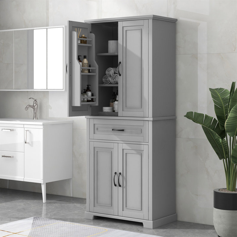 Armoire de rangement de salle de bain avec portes et tiroir, plusieurs espaces de rangement, tablette réglable, Gris