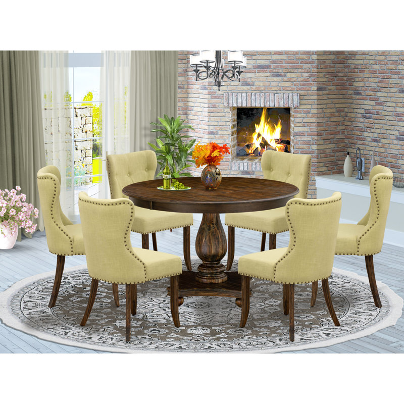 Distressed Jacobean Finish Solid Wood Round Dining Set with Linen Upholstered Chairs