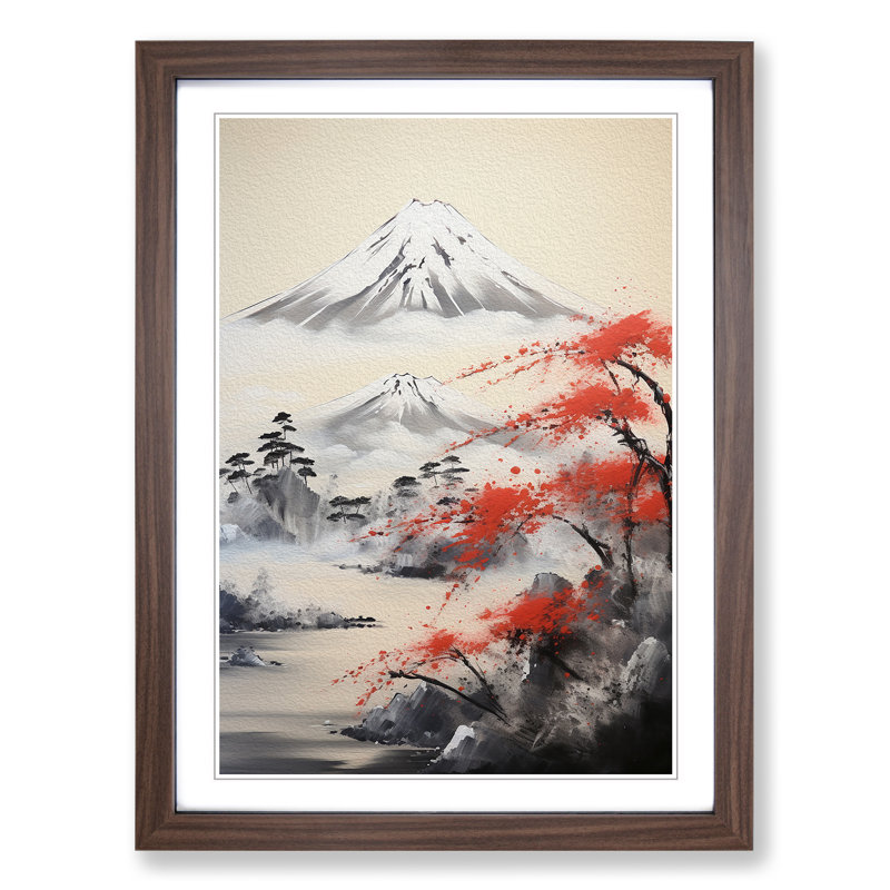Mount Fuji Gestural - Single Picture Frame Print on Wood, 34cm H x 25cm W x 2cm D, Walnut Framed
