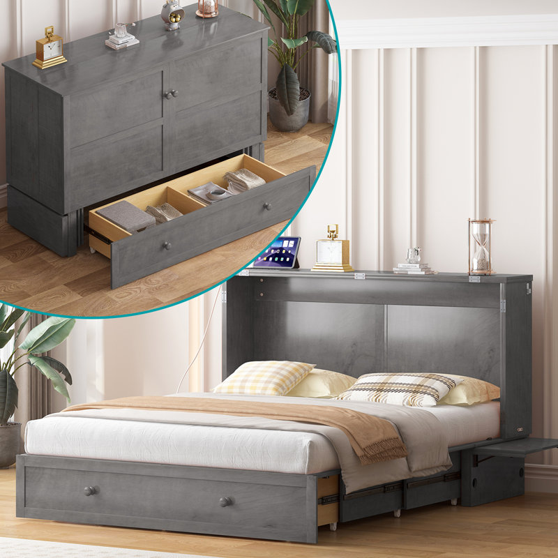 Queen Murphy Bed Cabinet with Storage Drawer,Space-Saving Wall Beds for Home, Office, Guest Room, Gray