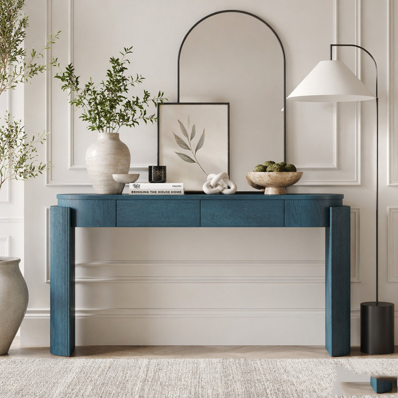 Table d'entrée avec finition grain de bois naturel et pieds cannelés, Navy