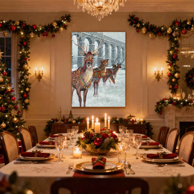 Renne de Noël tirant un traîneau dans une scène enneigée, ensemble de 3 impressions sur toile, H 24 po x l 16 po