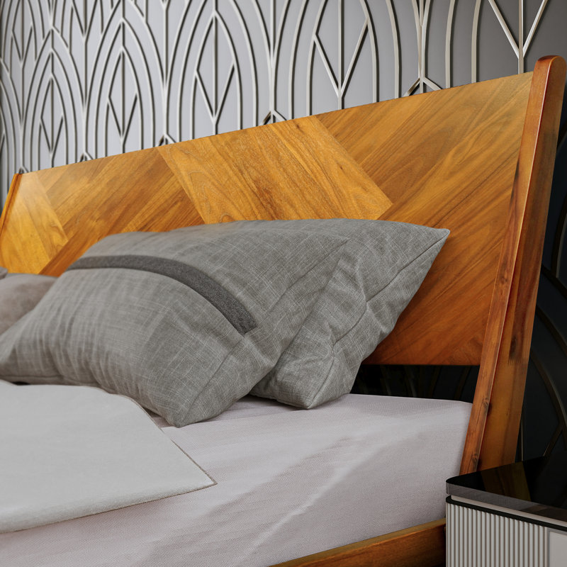 Gazelle Solid Wood Bed Frame with Artistic Patterned Headboard, King size bed, Caramel, King, Caramel