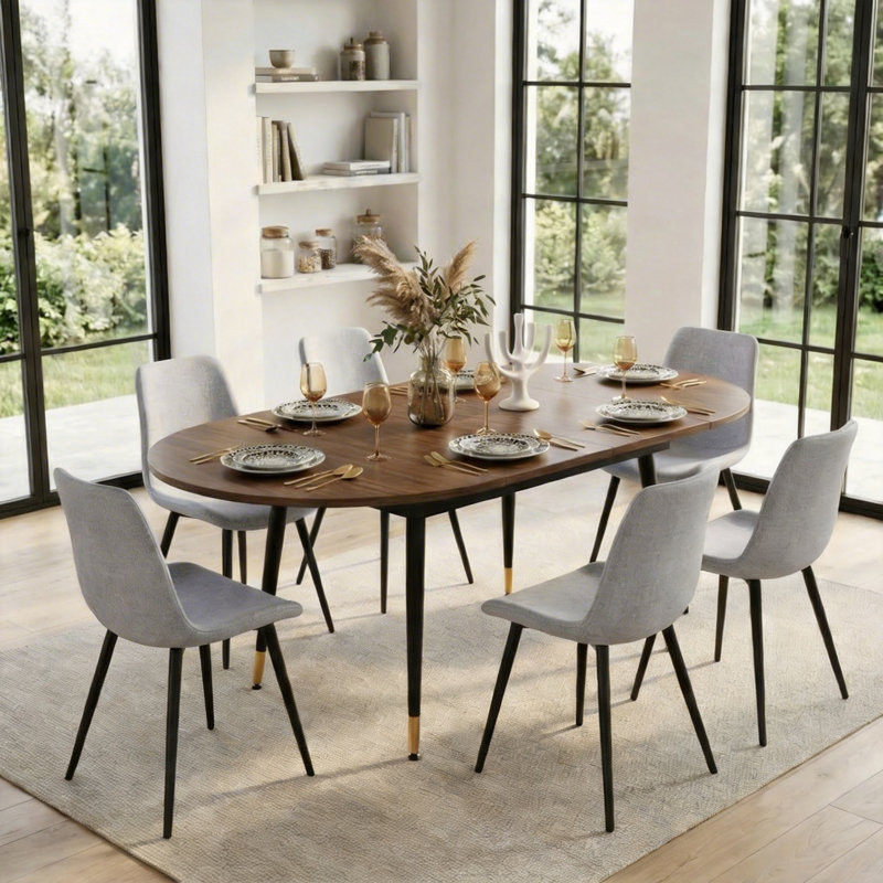 Modern Mid-Century 7-Piece Dining Set, 79" Oval Extendable With Upholstered Dining Chairs , Light Gray