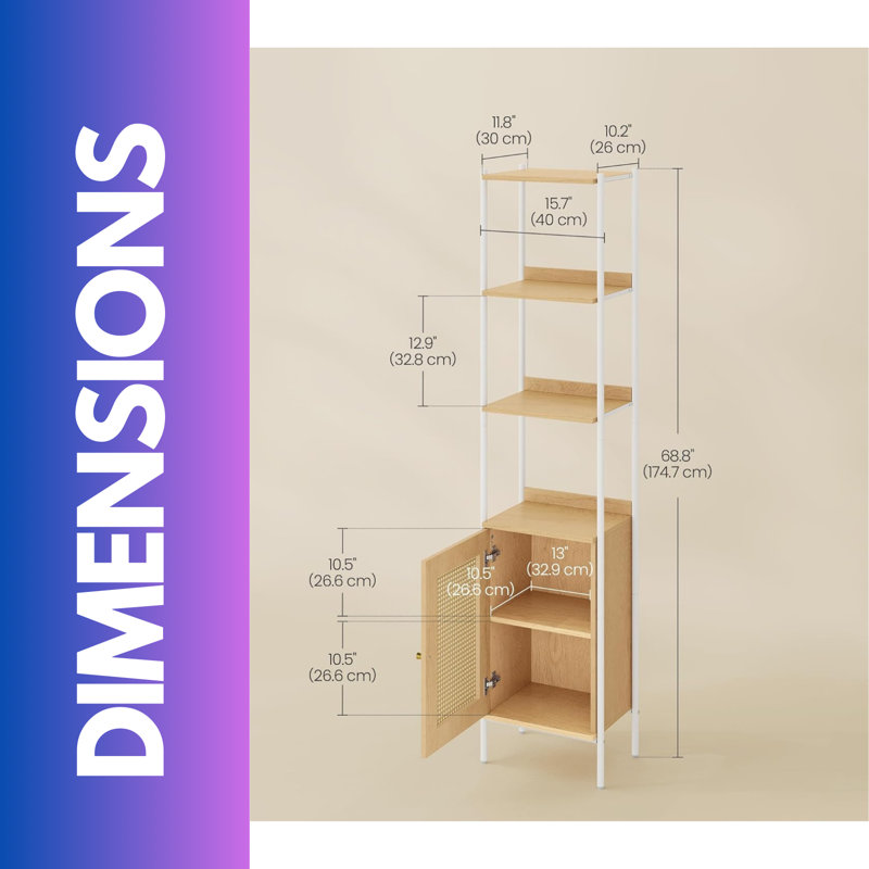 Rattan-Like Narrow Bookcase Storage Cabinet With 2 Open Adjustable Shelves, Brown