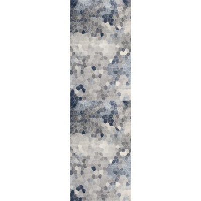 19' Runner Blue Beige And Gray Cobblestone Runner Rug