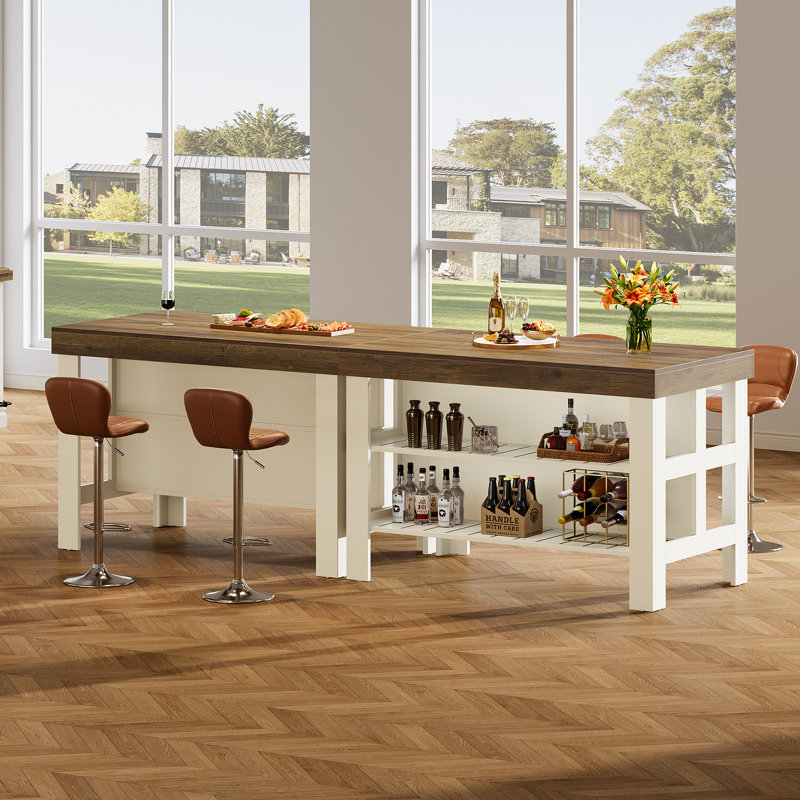 Home Bar Table With Storage Shelves, Farmhouse Bar Cabinet For Kitchen Dining Room, White/Brown