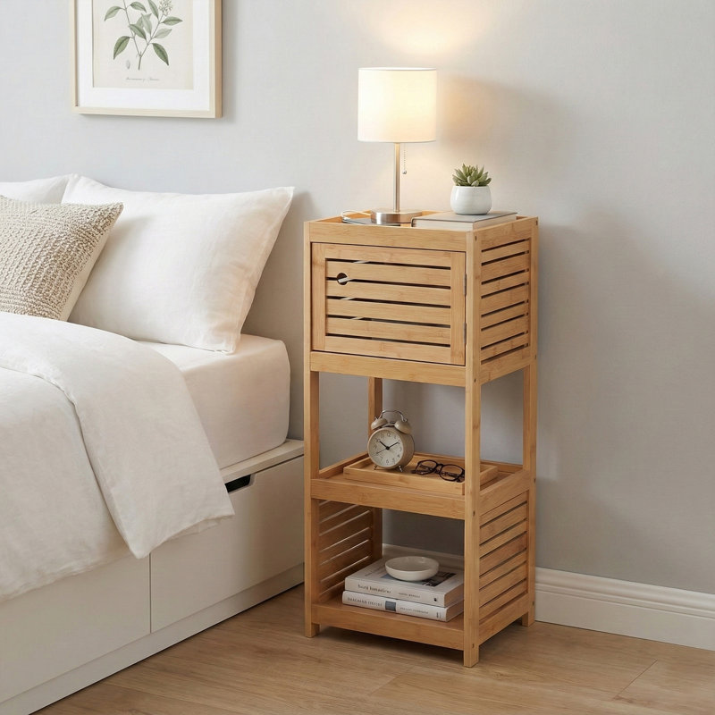 Armoire de rangement compacte pour salle de bain avec tablettes ouvertes et porte ventilée, naturel - Collection Trinidad