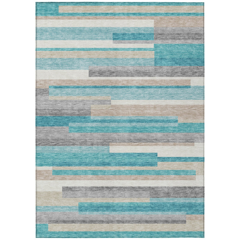 Tapis extérieur lavable rayé bleu sarcelle 9 pi x 12 pi bleu sarcelle et beige
