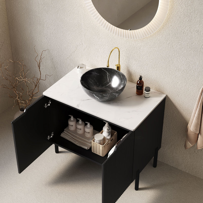 Meuble-lavabo de salle de bain 30 po avec lavabo, meuble de rangement autoportant pour salle de bain avec vasque en céramique à 2 portes avec motif en pierre et comptoir en pierre frittée blanc de Carrare, sans robinet