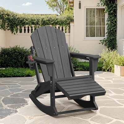Outdoor HDPE Folding and Rocking Adirondack Chair With Double Cup Holder and Ottoam