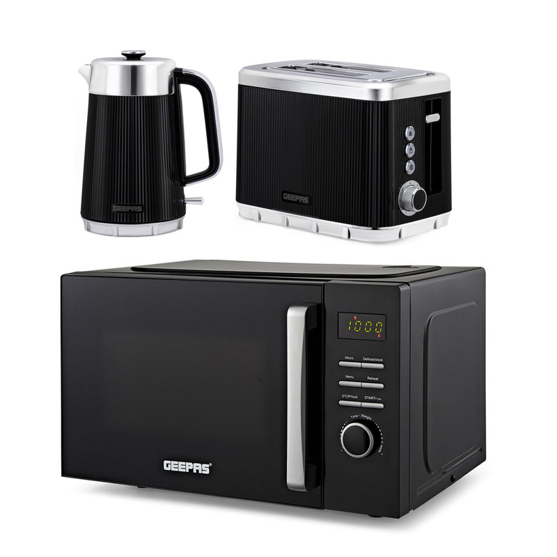 GEEPAS 23L Digital Microwave Oven, 1.7L Kettle & Toaster Kitchen Combo Set | 3000W Rapid Boil Cordless Jug Kettle | 930W Toastie Machine | 60 Min Timer 8 Pre-Set Modes 800W Oven Black