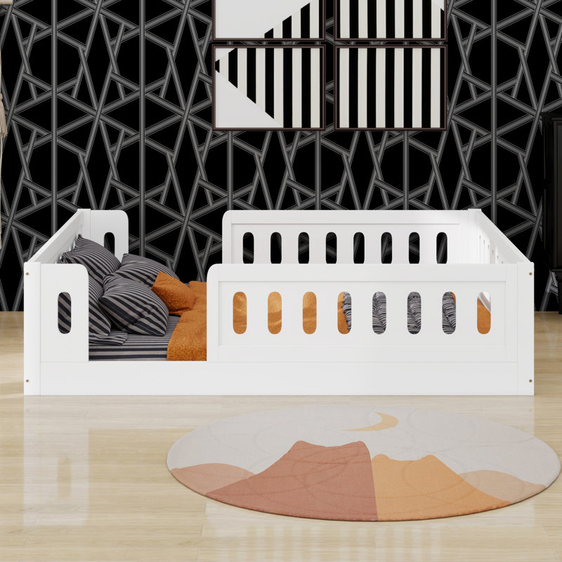 Lit plateforme en bois avec barrière de sécurité, Blanc