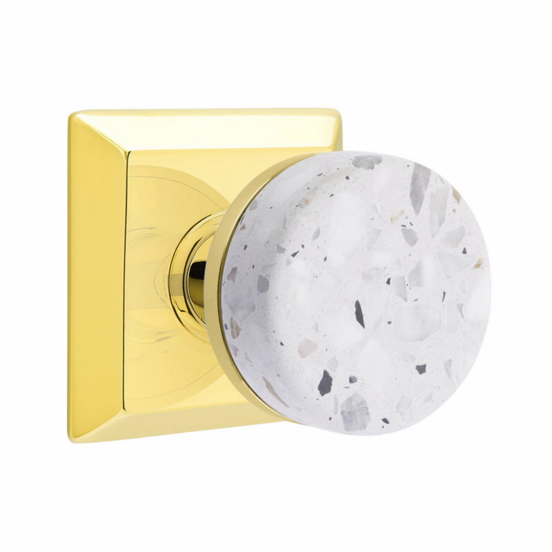 Ensemble de boutons de passage Emtek Select, rosette Quincy, tige conique, bouton Terrazzo clair, CF, Unlacquered Brass