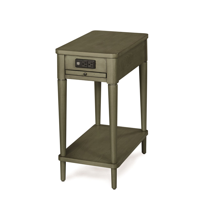 Solid Wood Top End Table and Built-In Outlets, Green