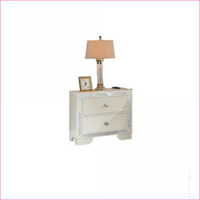 Cream Luxury Wooden Bedroom Nightstand with 2 Drawers and Mirror Panel