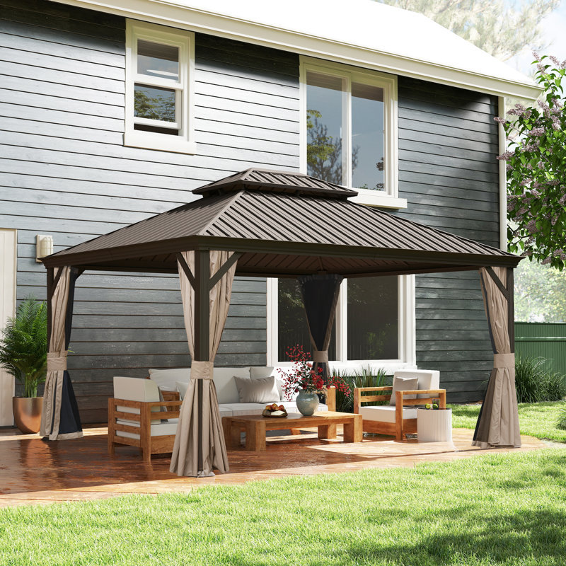 14 pi. L 12 pi. D Pavillon de jardin en acier galvanisé avec double toit, Brun