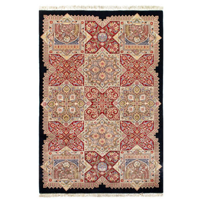 Tapis rectangulaire en coton / laine noué à la main 4 pi 8 po x 7 pi 2 po Ikat